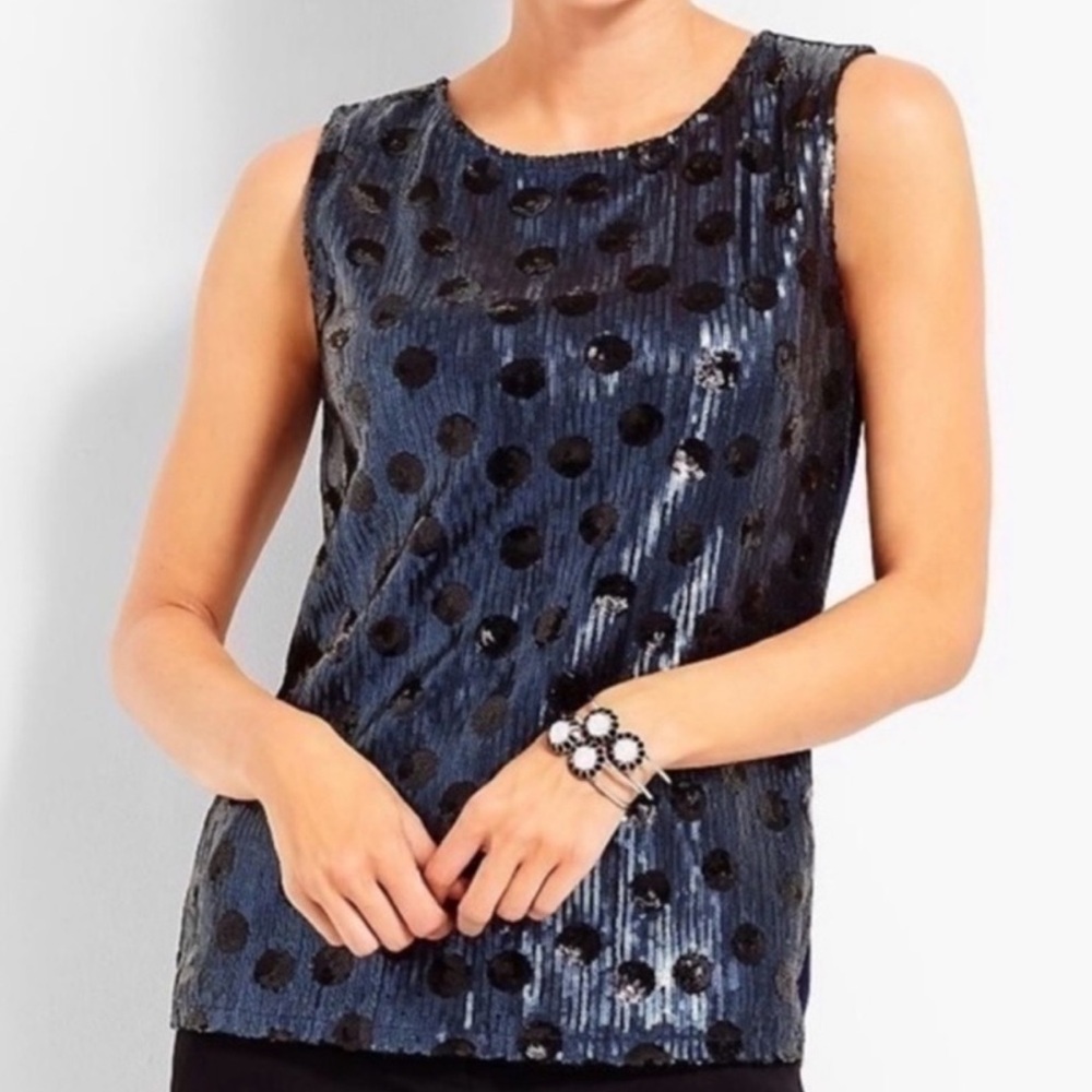 Talbots RSVP Navy Black Polka Dot Sequin Top Woman’s Medium $89 NWT Dressy Party